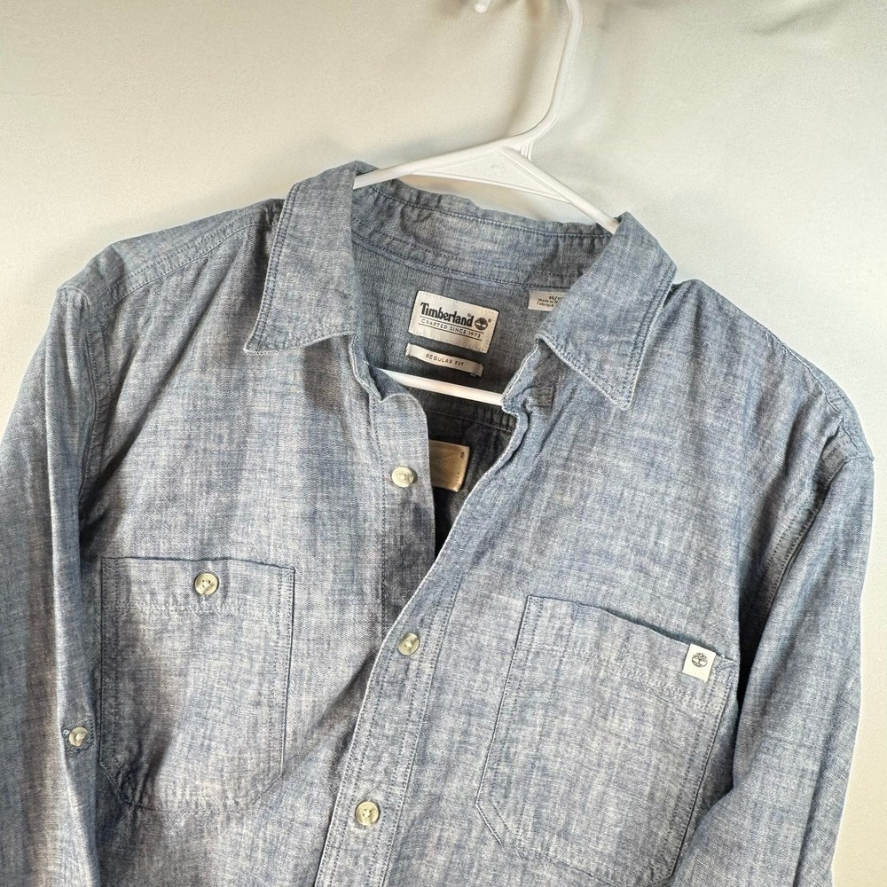 Timberland Mens Blue Chambray Button Down Shirt Regular Fit L/S Roll Tab M A1KV2
